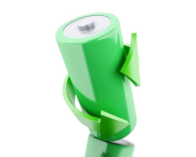 3d Groene batterij met recyclingssymbool.