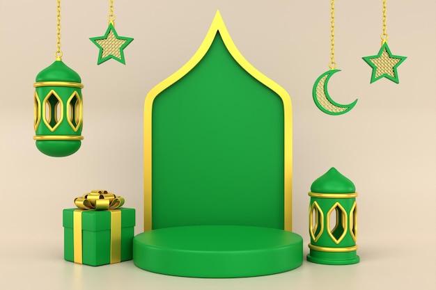 3d groene gouden islamitische podiumachtergrond 3D geeft terug