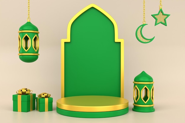 3d groene gouden islamitische podiumachtergrond 3D geeft terug