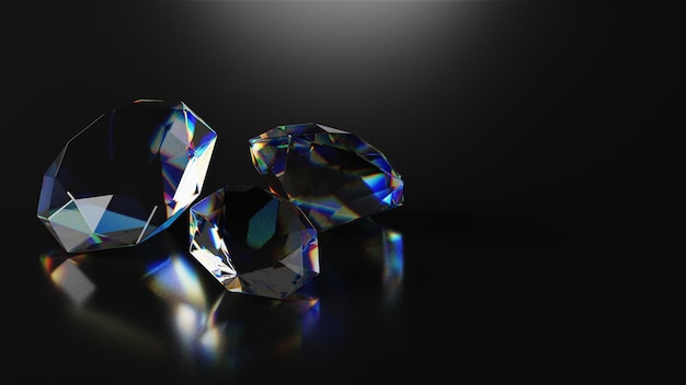 3D-groep diamant geïsoleerd op een donkere achtergrond, briljante luxe kristallen edelsteen, zachte focus op object,