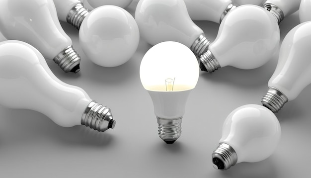 3d growing light bulb standing out from the unlit incandescent bulbs as leadership concept