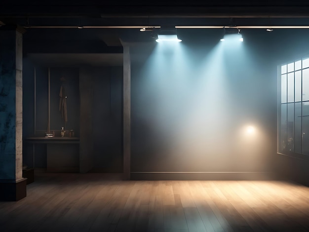 3d grunge room interior with spotlight and smoky atmosphere background