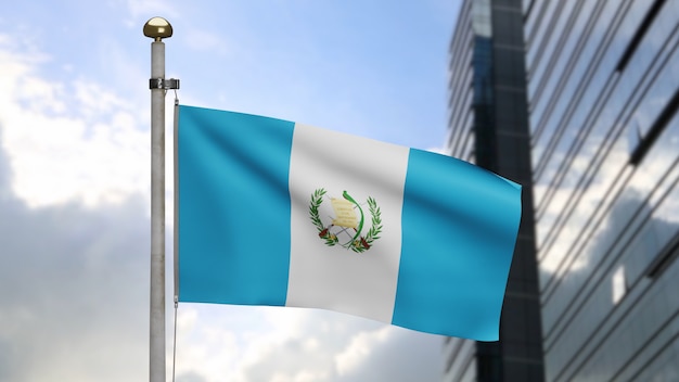 3D, Guatemalan flag waving on wind with modern skyscraper city. Guatemala banner blowing, soft and smooth silk. Cloth fabric texture ensign background. National day and country occasions concept.