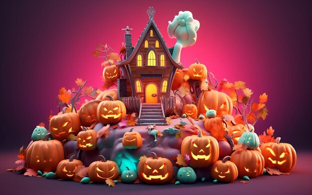 3d halloween-achtergrond met griezelige pompoenen en kleurrijk huis