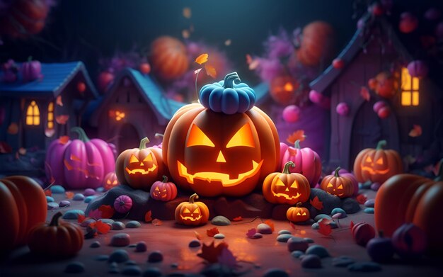 3 d のハロウィーンの背景に不気味なカボチャ、カラフルな家