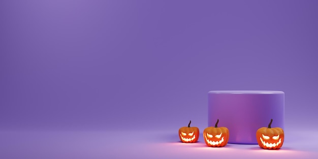 3d halloween-concept met paars podium en pompoen op paarse achtergrond 3D-rendering productachtergrond