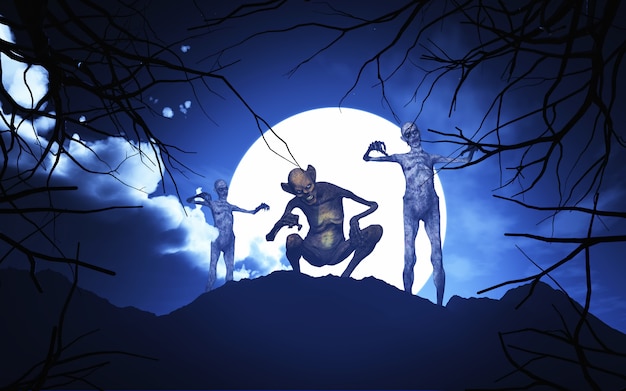 3D Halloween demons in a spooky landscape