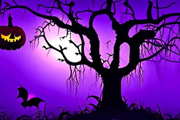 3D Halloween horror background pumpkin horror tree hut lamp purple color combination