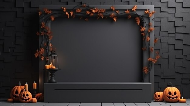 Foto 3d halloween podium met pompoen achtergrond voor productpresentatie zwart podium donkere nacht eng