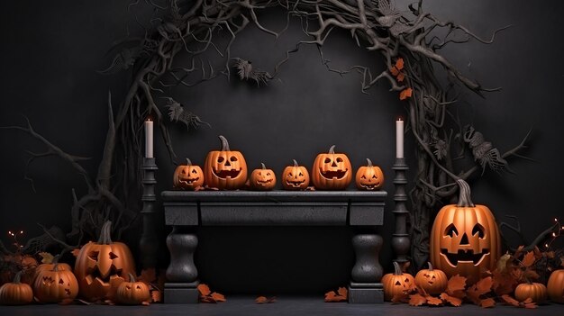 3d Halloween podium with pumpkin background for product presentation black stage dark
