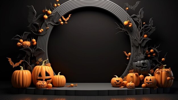 3d Halloween podium with pumpkin background for product presentation black stage dark