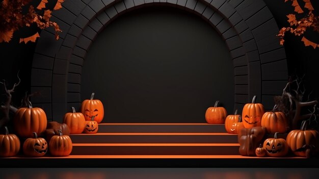 3d Halloween podium with pumpkin background for product presentation black stage dark