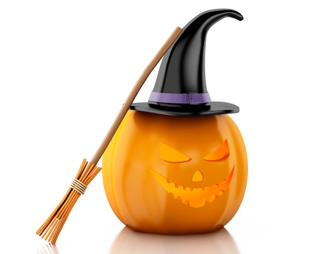 3d Halloween pumpkin with hat and broom.