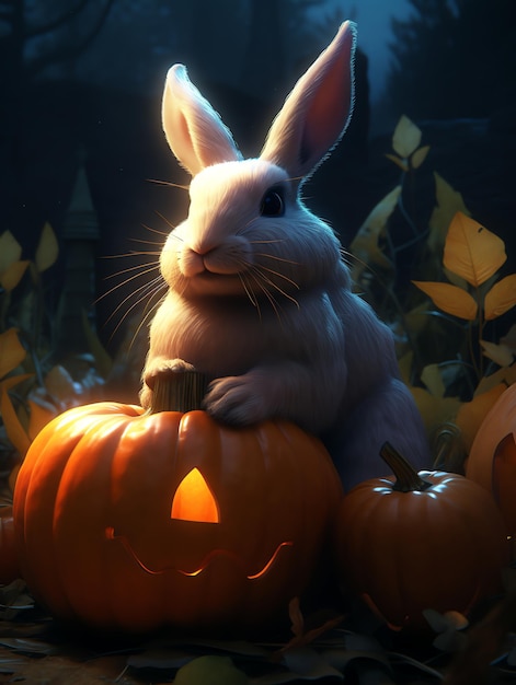 Photo 3d halloween theme rabbit and pumkin