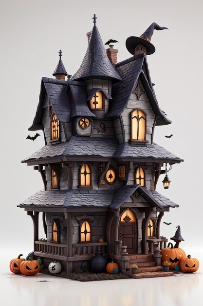 3d halloween witch house on white background