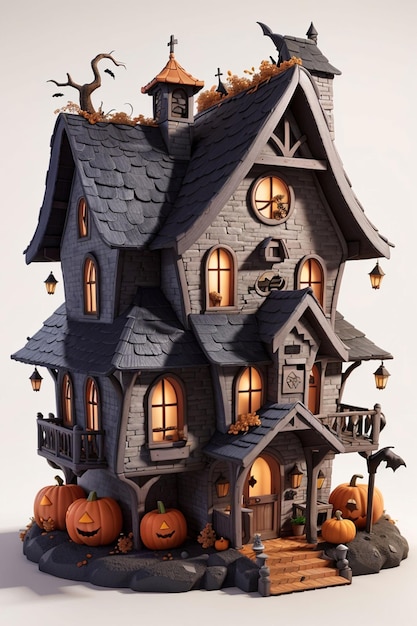 3d halloween witch house on white background