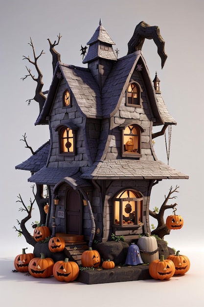 3d halloween witch house on white background