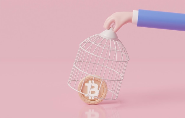 3D Hand catching bitcoin with birdcage, government try to regulate cryptocurrency concept.