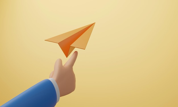 3d hand drop orange paper plane on yellow background