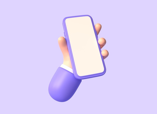 Фото 3d-рука, держащая мобильный телефон с пустым экраном в стиле мультфильма мокет смартфона в характере руки 3d-рендеринг