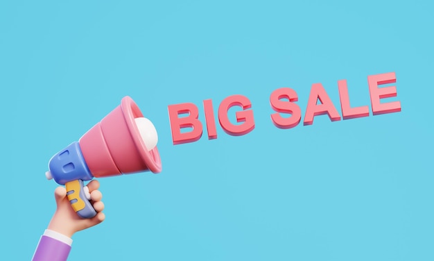 사진 3d 드 딩 메가폰과 big sale 텍스트 블루 배경