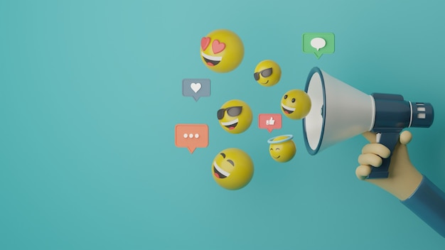 3d hand holding megaphone with fling emoji premium image