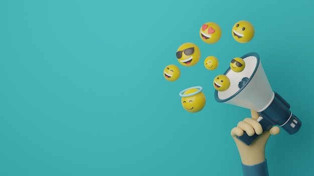 Foto 3d mano che tiene il megafono con emoji volanti per il concetto pubblicitario