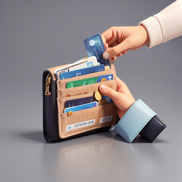 Foto 3d hand-holding portemonnee munt stapel biljetten en creditcard op geïsoleerde witte achtergrond geld besparen online betaling en betaling concept 3d render illustratie