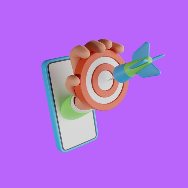 3D Hand holding Target with arrow in hit center. Assignment target icon. red target with businessman