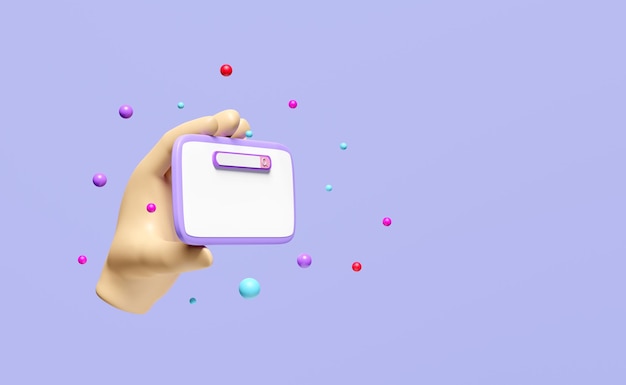 3D рука держит мобильный телефон смартфон значки поисковой системы с панелью поиска увеличения изолированы на фиолетовом фоне онлайн социальный шаблон концепция 3D рендеринг иллюстрация