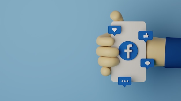 3D-hand met mobiele telefoon met facebook-logo weergegeven achtergrond voor marketingconcept