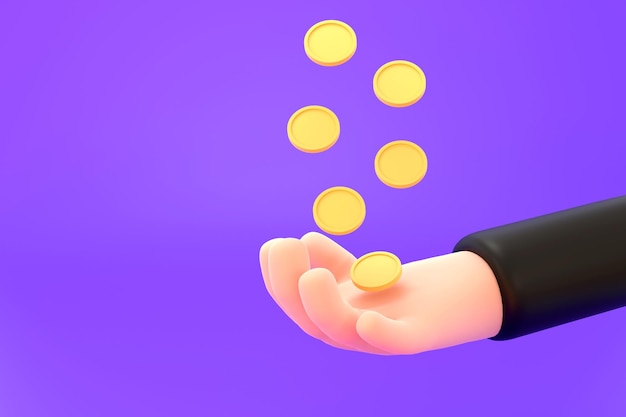 3D hand met muntstapel op paarse achtergrond geldbesparende online betalingxA