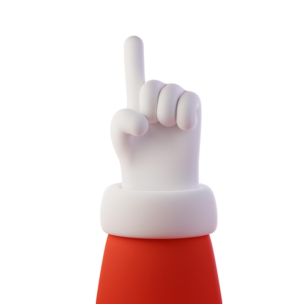Фото 3d-рука санта-клауса указывает указательным пальцем вверх, изолированная на белом фоне.