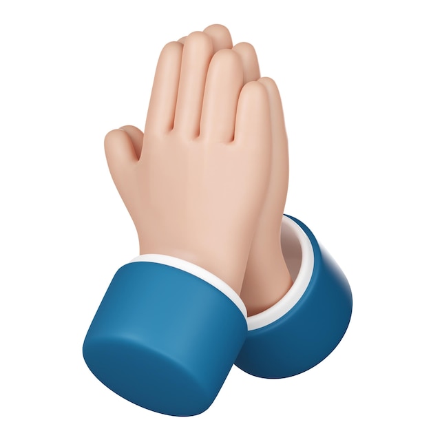 3D 손 기도 아이콘: 색 배경에 고립된 기도 만화 희망 제스처 3D 일러스트레이션 클리핑 경로