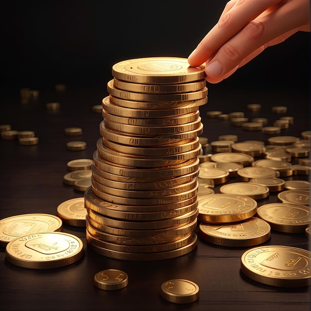 3d hand puts gold coins on money stack