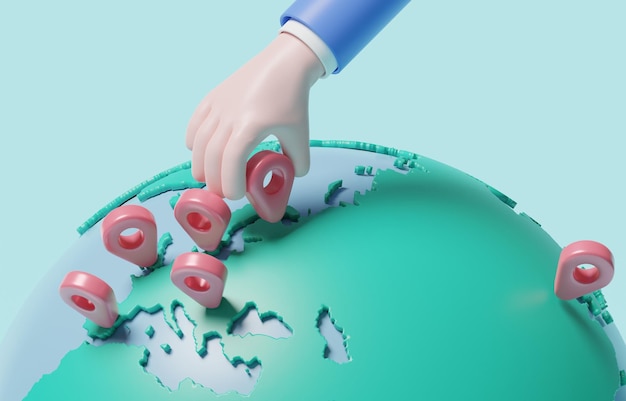 Mano 3d che mette sulla terra un nuovo pin della mappa, espansione del business globale, concetto di crescita degli investimenti.