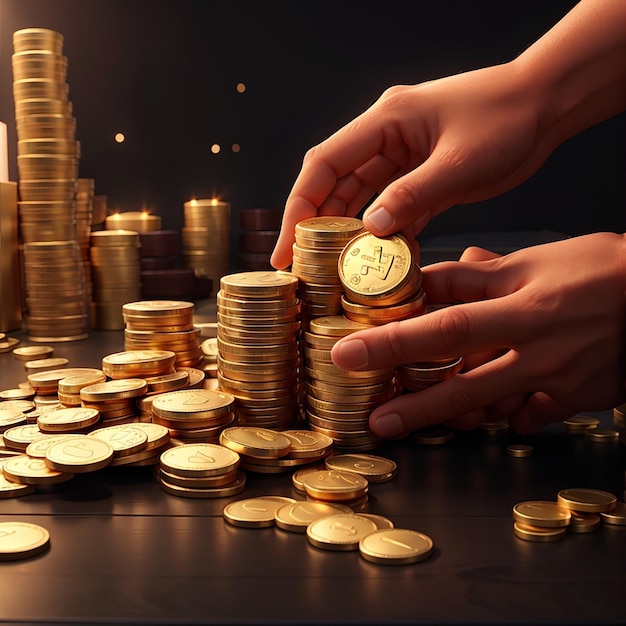 3D-hand zet gouden munten op geldstapel