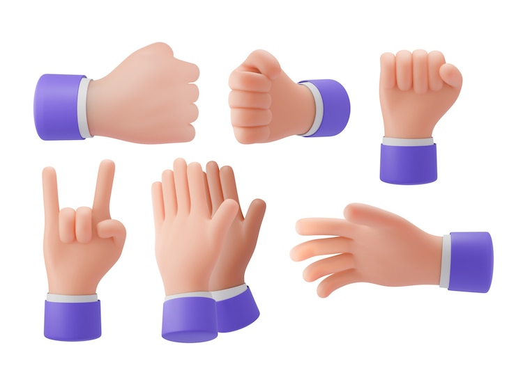 Foto 3d-handgebaren, steek uw hand op, wijs met uw vinger, cartoonstijl, uitknippad voor presentaties, advertenties. 3d illustratie weergave.