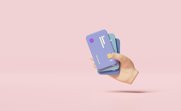 3d handhold blauwe creditcard geïsoleerd op roze achtergrond betalingstransactie online winkelen geld besparen zakelijke financiën cashless concept 3d render illustratie