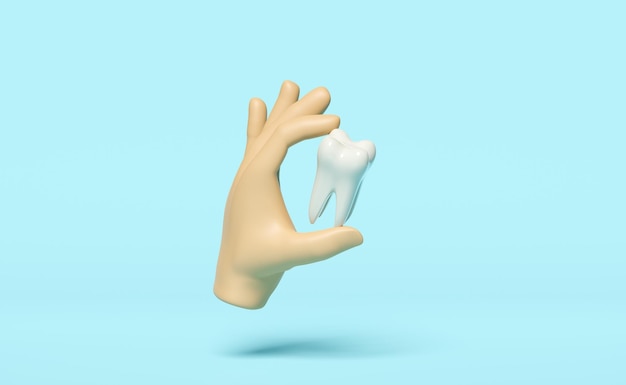 Photo 3d hands hold dental molar teeth model icon isolated on blue background health of white teeth dental examination of the dentist 3d render illustration
