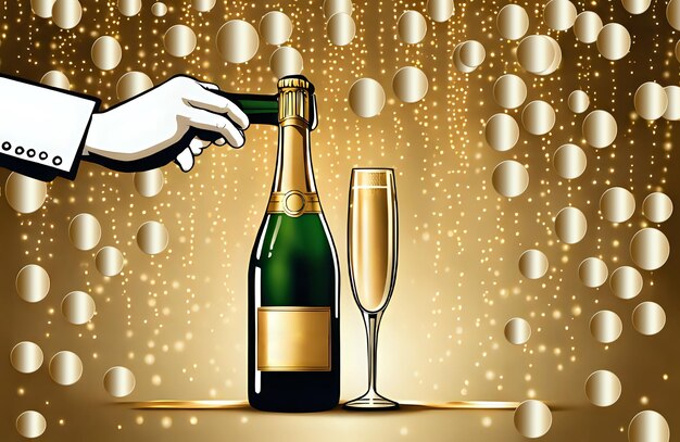 写真 3d ワインを握る手 シャンパンとグラス 輝くボケの背景 イベント 祝い