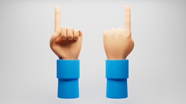3d hands pointing upwards on white background and blue sleeves for graphic use