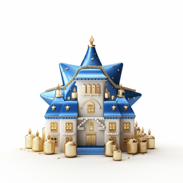 Foto castello di hanukkah 3d con forma di stella blu e candele d'oro