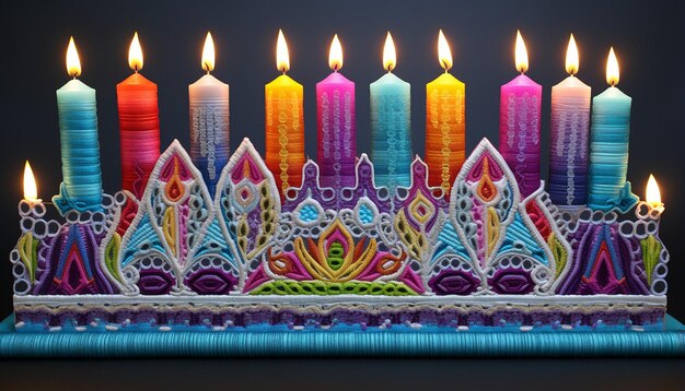 3D hanukkah menorah multicolored embroidery