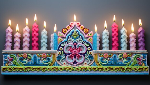 3D hanukkah menorah multicolored embroidery