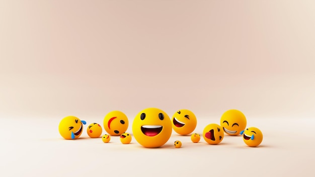 光沢のあるパステル カラーの桃の背景に 3 d の幸福の絵文字 Emojies