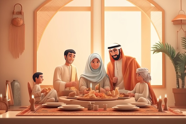 3D Happy arab family spend time together at ramadan eid Generative AI