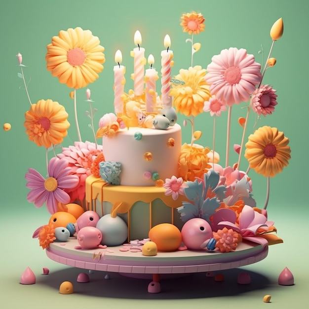 写真 3d ハッピーバースデーケーキ キャンドルと花