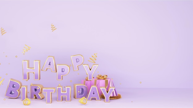 3d happy birthday text with gift boxes party hat golden tiny\
balls and spiral ribbon on pastel purple background