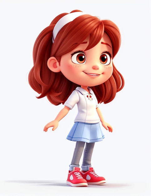 3D Happy Cartoon Character Girl White Background